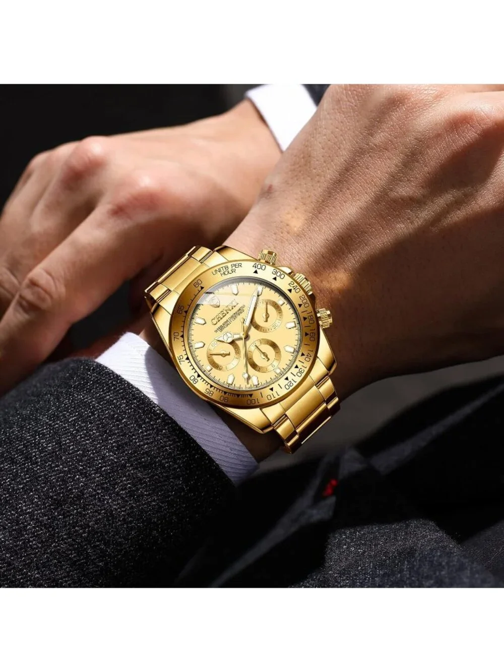 Men's All Gold Analog Quartz Stainless Steel Crystals Classic Style Wrist Watch